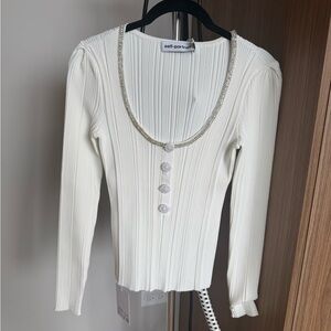 NWT Self-Portrait Cream Ribbed Long-Sleeve Top with Embellished Scoop Neck